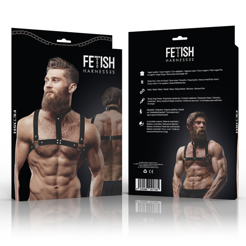 FETISH SUBMISSIVE ATTITUDE - ARNÊS DE PEITO AJUSTVEL DE COURO ECOLÓGICO COM COLAR PARA HOMENS