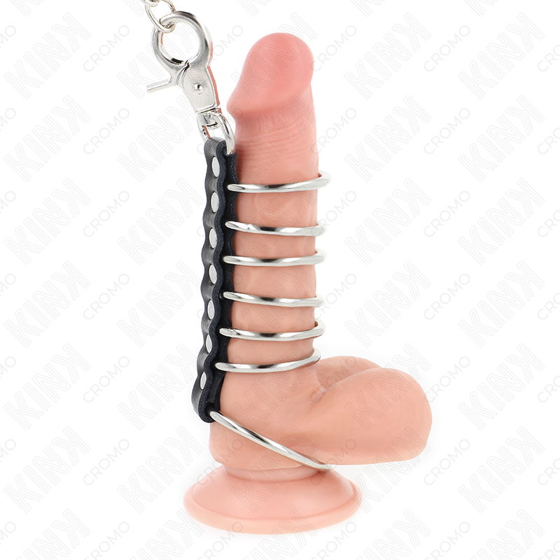 KINK - 7 ANÉIS DE METAL DE 3,8 CM A 5 CM CONECTADOS COM COURO E CORRENTE DE METAL 100 CM