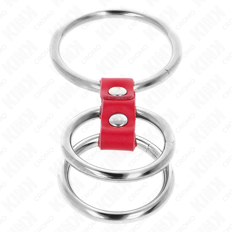KINK - ANEL DE PÊNIS TRIPLO DE METAL DE 3,7 CM A 5 CM CONECTADO COM COURO VERMELHO