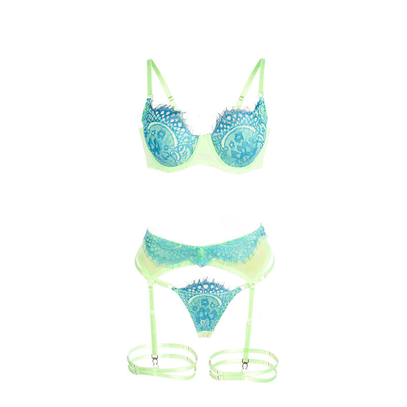 SUBBLIME - 955328 CONJUNTO DE SUTIÃ COM RENDA E LINHAS DE LIGA VERDE E AZUL L/XL
