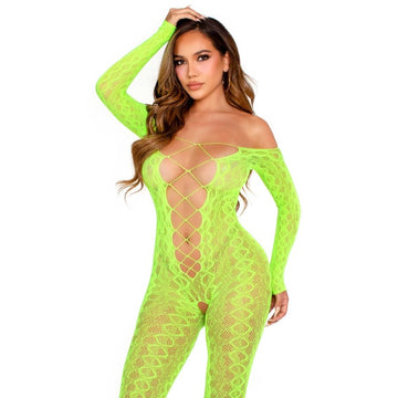 LEG AVENUE - BODYSTOCKING SEM BASE EXÓTICO RENDA DE COBRA VERDE NEON