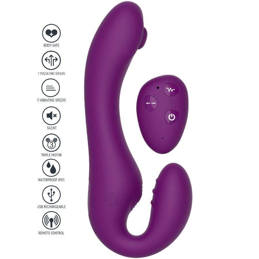 XOCOON - VIBRADOR STRAP-ON 2 EM 1 SEM ALÇAS COM CONTROLE REMOTO ROXO