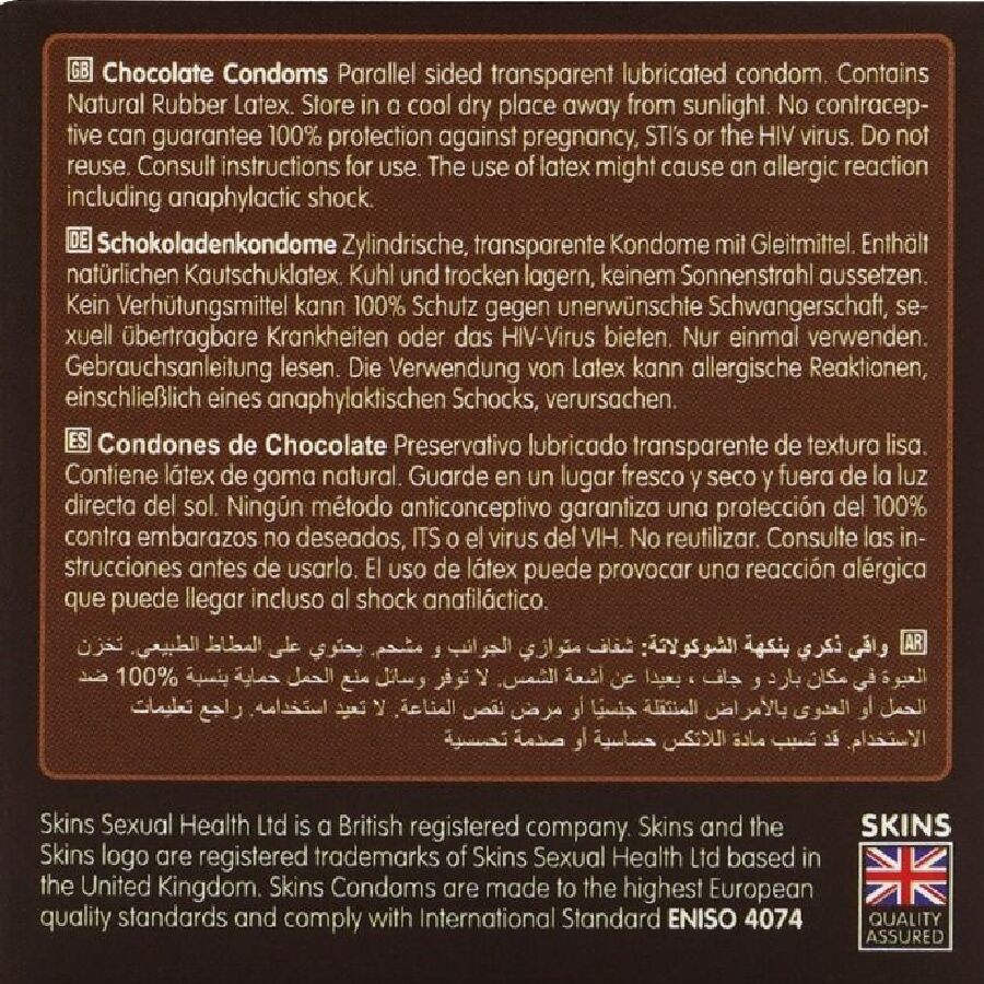 SKINS - PACOTE COM 4 PRESERVATIVOS CHOCOLATE PREMIUM