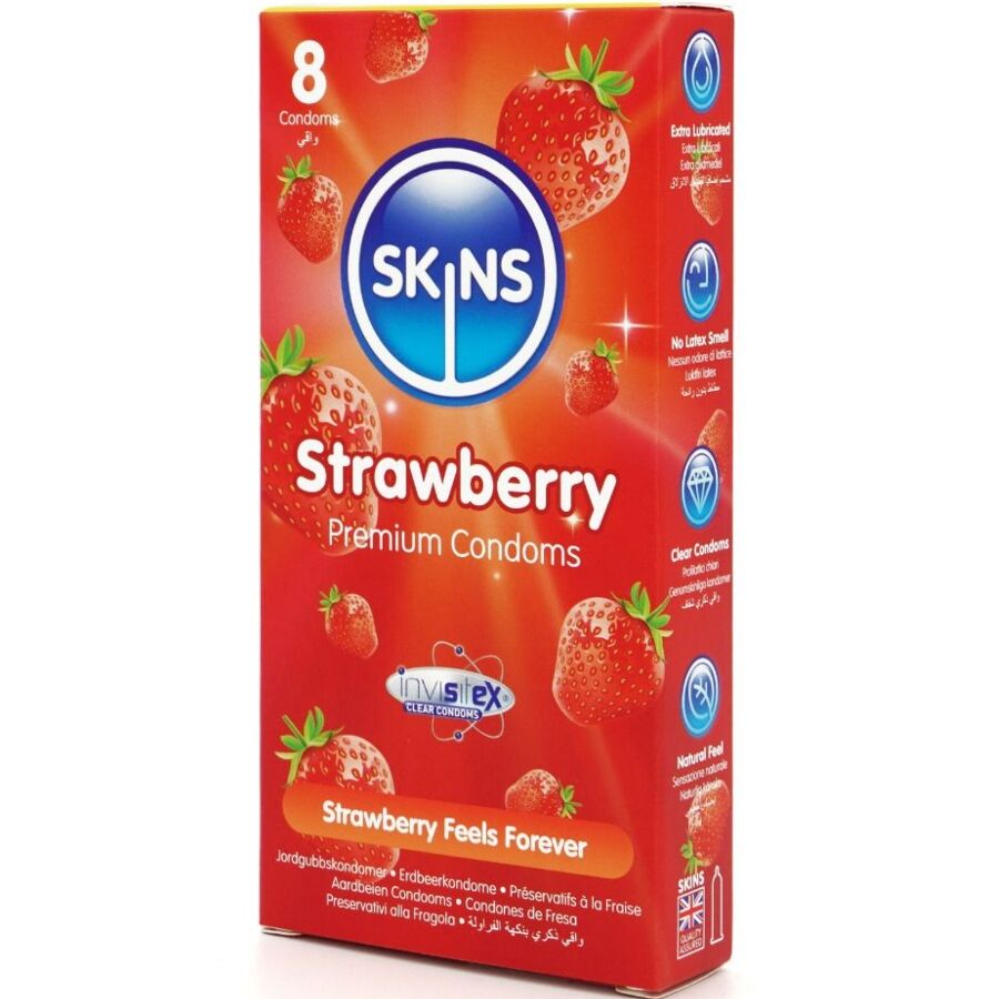 SKINS - PRESERVATIVOS PREMIUM DE MORANGO - PACOTE COM 8