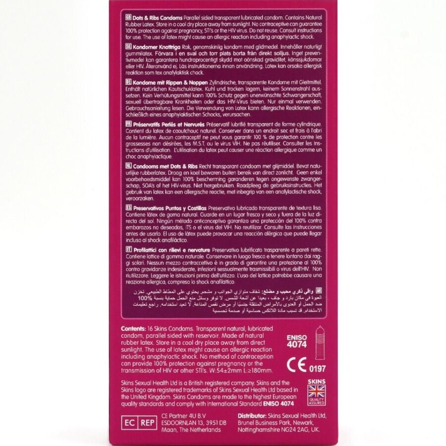 SKINS - DOTS & RIBS PREMIUM PRESERVATIVOS PACOTE COM 16