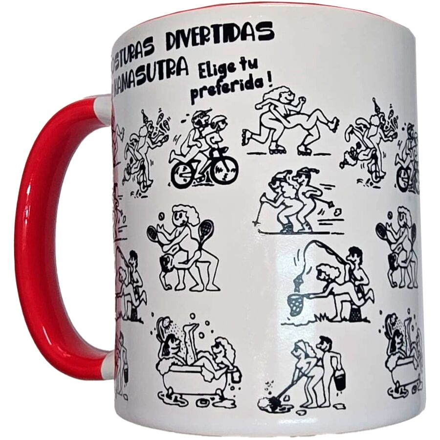 DIABLO PICANTE - CANECA KAMASUTRA POSITIONS BRANCA COM ALÇA VERMELHA 370 ML