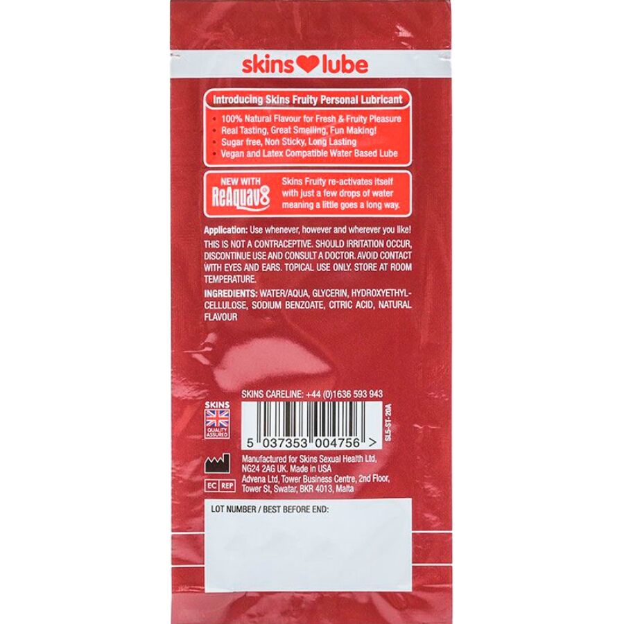 SKINS - LUBRIFICANTE À BASE DE ÁGUA COM SABOR FRUTADO DE MORANGO - DOSE ÚNICA DE 5 ML