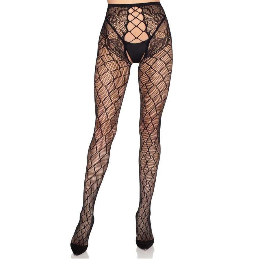 LEG AVENUE - MEIA-CALÇA DE REDE 1966 COM CALCINHA SEM FUNDO PRETA - TAMANHO ÚNICO